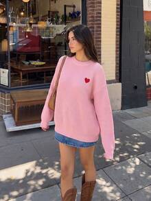 Women's Pink Knitted Long Sleeve Crew Neck Sweater, Heart Embroidery Design, Suitable For Autumn/Winter Wear, Cute, Comfortable And Slightly Stretchy - Pink - View 2
