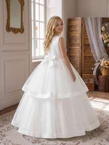 Tween Girls Round Neck White Lace Mesh Flower Girl Dress Suitable For Party, Headband Not Included - White - View 2