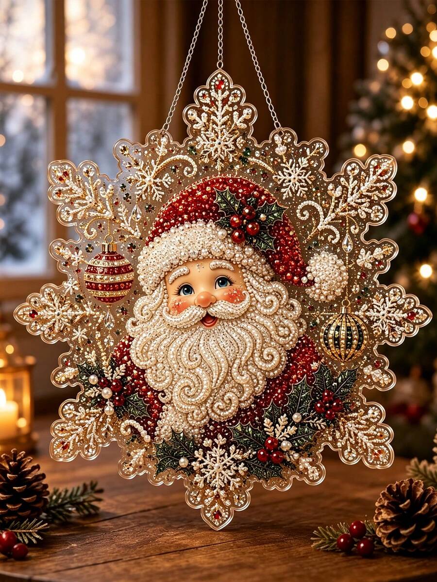 1pc Christmas Pearl And Diamond Painting Light-Absorbing Craft Set - Pre-Assembled Acrylic Snowflake-Shaped Panel With Metal Chain And Lace Trim, Featuring 3D Mixed-Size Pearl Beads (8 Inches) - A - View 1