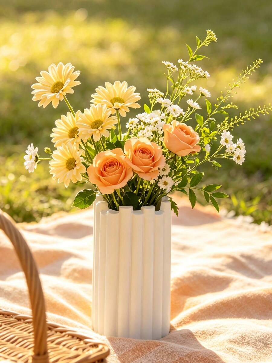 1Pc Creative Sawtooth Top Fluted Resin Vase, Minimalist White Desktop Flower Holder For Home Living Room Decor, Versatile Tabletop Ornament & Unique Gift Choice For Modern Decor Lovers - Ribbed Vase - View 1