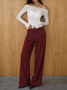 Zerodot Women Burgundy Pinstripe Tailored Suit Pants With Pleats Office Casual Spring Fall Pre Fall - Burgundy - View 1