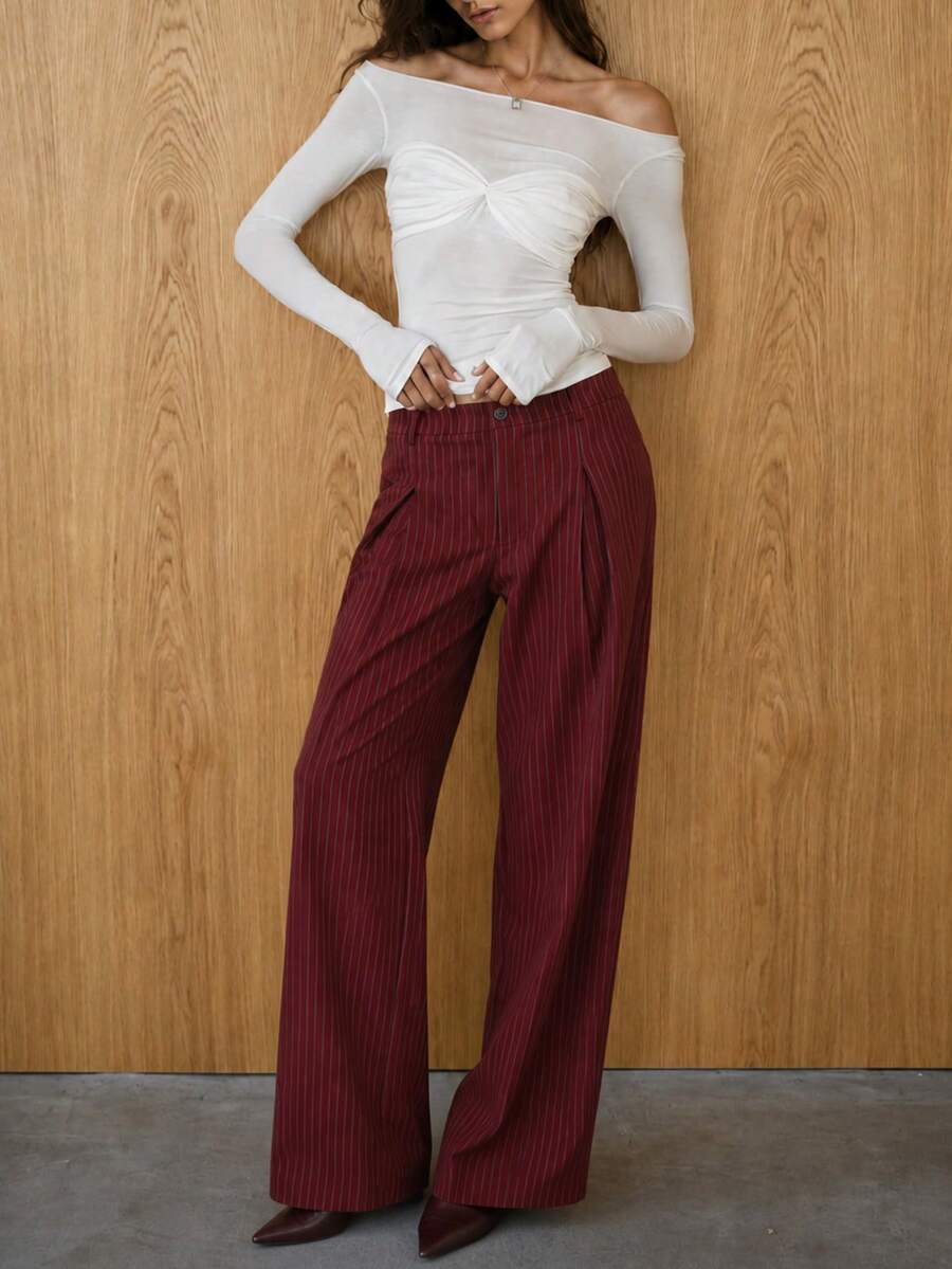 Zerodot Women Burgundy Pinstripe Tailored Suit Pants With Pleats Office Casual Spring Fall Pre Fall - Burgundy - View 1