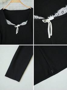 2026 Pure Desire Style Bow-Knit Top, Square Neck Zipper Fitted Black Ribbed Sweater, Sexy Lady Knitwear, Suitable For Autumn/Winter Daily, Date, Commute, Christmas, New Year, Outing, Commute, Date Sweater Top - Black - View 7