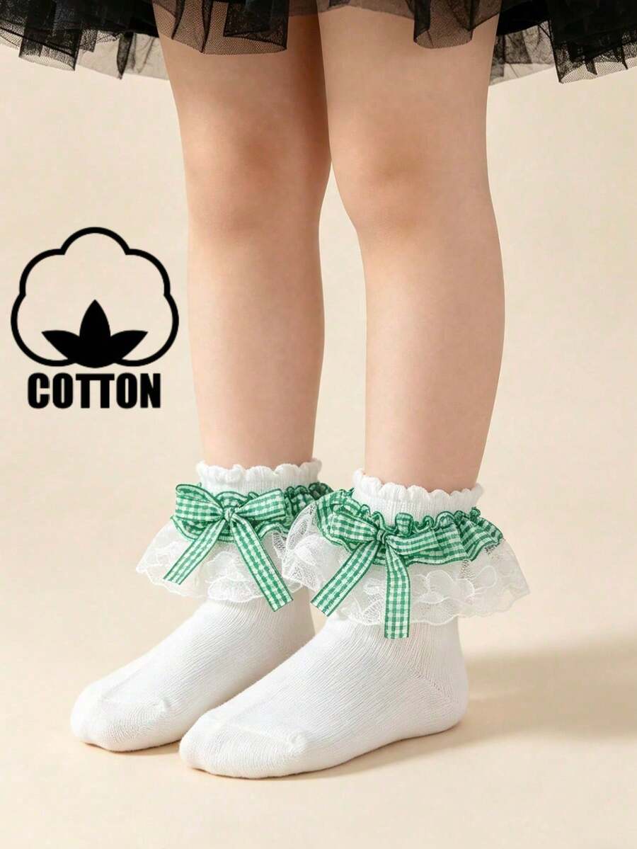 1 Pair Cotton Children's Gradient Color Lace Trim Elegant Princess Style Floral Dance Lace Ankle Socks, Spring/Summer