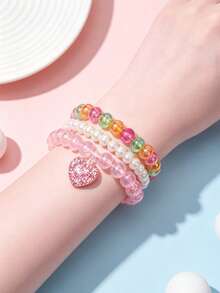 3pcs/Set Girls Cute Heart Pendant Bracelet Set, Charming Beaded Children Jewelry Bracelet, Daily Party Gift For Girls - one-size - View 4