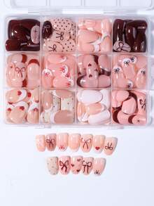 288pcs Short Oval Striped Bow Polka Dot Heart French Press-On Nails, Easy To Wear And Remove, Suitable For Daily Use And Valentine's Day - Multicolor - View 4