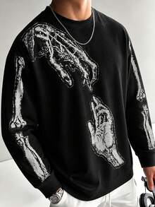 FRACTYR Men's Loose Crew Neck Sweatshirt, Vintage Skeleton Arm And Palm Sketch Print Long Sleeve Pullover, Dark Punk Streetwear - Black - View 2