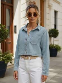 Women's Cropped Denim Shirt, Long Sleeve, Button Front, Collar, Chest Pocket - Blue - View 3
