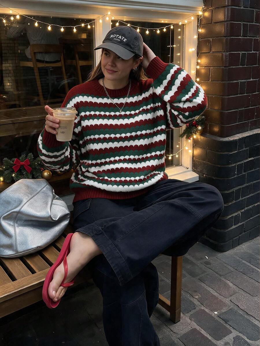 Plus Size Women's Christmas Colorblock Wavy Striped Crew Neck Sweater, Loose Fit Dropped Shoulder Long Sleeve Thick Knit Pullover Top - Red - View 1