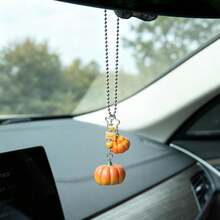 Pumpkin Car Mirror Hanging Ornament, Halloween Car Interior Decorations, Cute Mini Double Pumpkin Pendant Car Rearview Mirror Hanging Accessories For Auto Interior Decor, Car Hanging Charm - Pumpkin - View 5