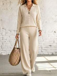 Women's Ribbed Knit Sweater And Wide Leg Pants Set, Long Sleeve V-Neck Casual Outfit For Autumn/Winter - Apricot - View 2