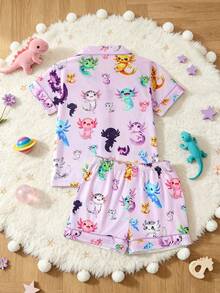 2pcs/Set Girls' Casual Cartoon Print Lapel Short Sleeve Cardigan And Shorts Sleepwear Set, Flame Retardant, All Season - Multicolor - View 2