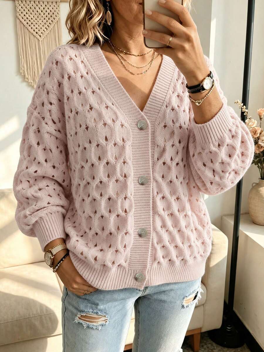 كارديجان محبوك مجوف للنساء مقاس كبير، تصميم بأزرار أمامية، أكتاف منخفضة وأكمام طويلة، ضروري للخريف - لون مشمشي - مشاهدة 1