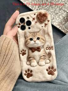Cream Wavy Edge Phone Case, Cream Color Wavy Frame Phone Case, 2D Printed Plush Texture Tiger Cat With Bow, Paw Print, Heart Pattern Anti-Drop Soft TPU Phone Case, Compatible With Apple 11, 12, 13, 14, 15, 16, 17, 18 Pro Max. Beautiful Phone Case Suitable For Women And Girls, Compatible With Galaxy, Honor, Phones - White - View 2