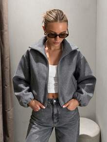 2026 Autumn New Women's Wool Blend Long Sleeve Stand Collar Soft Flight Jacket Coat, Autumn/Winter Top - Grey - View 7