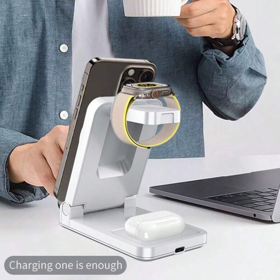 3-In-1 Magnetic Wireless Charging Station, Compatible With IPhone 16/15/14/13/12 Series, MagSafe Fast Charging Stand, Compatible With AirPods 4/3/Pro/Watch, Foldable Travel Charging Dock - Multicolor - View 1