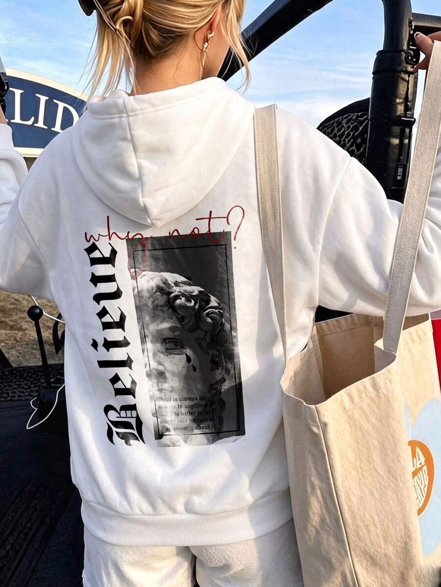 Women's Long Sleeve Hooded Sweatshirt, Printed Pattern, Warm Lining Knit Fabric Streetwear Sweatshirt, With Pocket Details - White - View 1