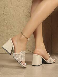 Women's Elegant Woven Breathable Mesh New Style Square Toe Open Toe Slip-On Sandals, Chunky Heel Summer Fashion Comfortable Daily Outdoor Activity Wear High Heel Sandals - Apricot - View 5