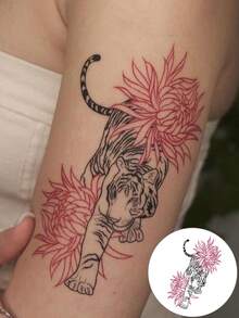 Temporary Tattoo Sticker, Tiger & Chrysanthemum Floral Japanese Style Design, Fierce Oriental Animal Body Art, Waterproof Long-Lasting Fake Tattoo For Arm, Shoulder, Leg, Back, Festival, Party & Daily Styling - Black - View 2