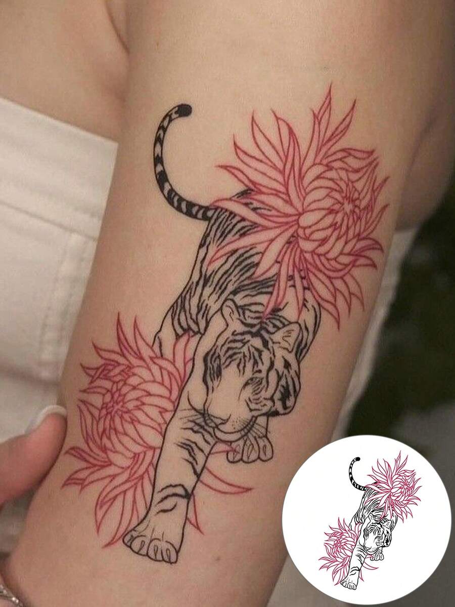 Temporary Tattoo Sticker, Tiger & Chrysanthemum Floral Japanese Style Design, Fierce Oriental Animal Body Art, Waterproof Long-Lasting Fake Tattoo For Arm, Shoulder, Leg, Back, Festival, Party & Daily Styling