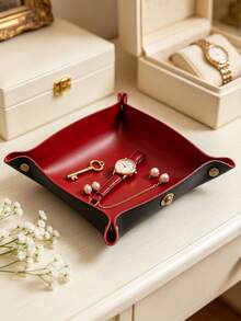 1Pc Two-Tone Foldable Leather Valet Tray, Minimalist PU Leather Square Shape With Detail Catchall Tray For Key Coin Storage, Entryway Bedroom Office Daily Home Decoration - Multicolor - View 14