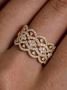 1pc High-End Fully Paved Hollow Ring, Vintage Lace Pattern Design, Gold-Tone Zirconia Wide Band, Suitable For Party, Daily Commute, Women's Accessory Gift - Gold - View 2