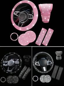 1 SET Car Diamond Steering Wheel Cover, Shiny Rhinestone Seat Belt Cover, Car Cup Holder Mat Combination - Multicolor - View 1