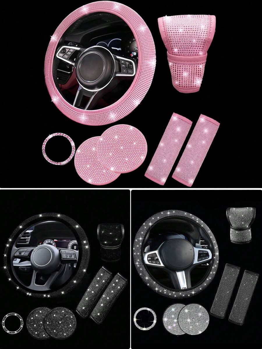 1 SET Car Diamond Steering Wheel Cover, Shiny Rhinestone Seat Belt Cover, Car Cup Holder Mat Combination - Multicolor - View 1