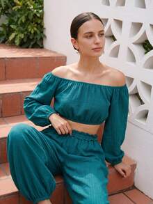 Women's Summer Pajama Set, Fashion Solid Color Sexy Off-Shoulder Long Sleeve Top With Lace,Loose Comfortable Loungewear 2-Piece Set - Green - View 6