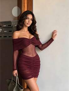 Da Jade Sheer Glitter Mesh Mini Dress, Off Shoulder Ruched Slim Dress For Evening Occasions - Burgundy - View 2