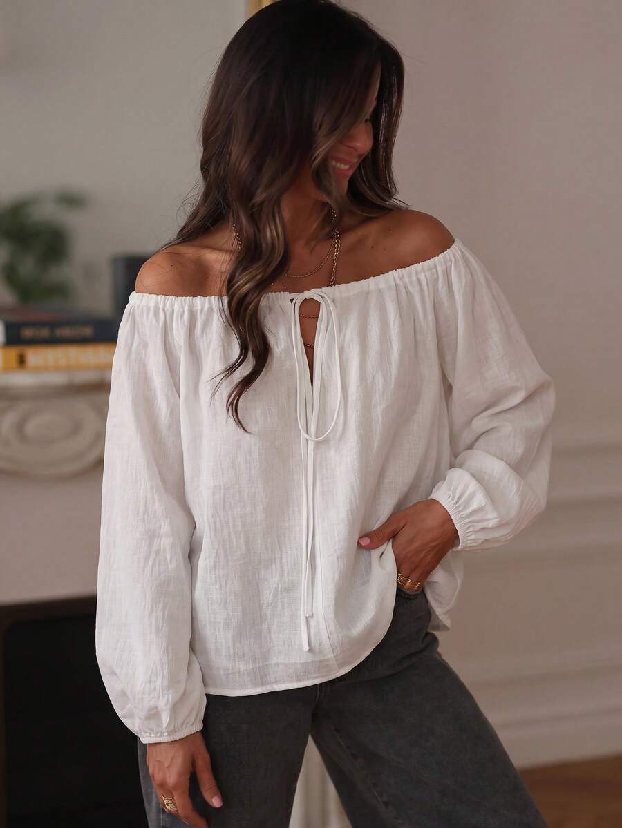 Elegant Plus Size White Off-Shoulder Long Sleeve Semi-Sheer Woven Top, Suitable For Warm Weather And Summer Wear - White - View 1