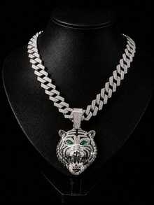 Hip Hop 3D Roaring Tiger Pendant Necklace, Emerald Eyes, Shiny Full Diamond Thick Cuban Chain, Men's Personalized Streetwear Accessory - Green-eyed Tiger Pendant Necklace - View 2