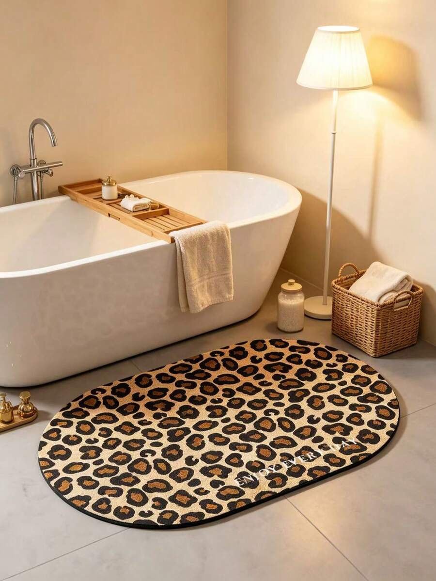 1pc Oval Leopard Print Bathroom Rug, Super Beautiful Cozy Entrance Mat, Non-Slip Absorbent Bathroom Mat, Bathroom Carpet, Toilet Foot Mat, Home Decor, Summer Decor, Bathroom Mat, Bathroom Carpet, Door Mat, Small Rug, Carpet, Mat, Home Decor, Area Rug, Outdoor Mat, Home Decor, Area Carpet, Bedroom Carpet, Washable Carpet - Multicolor - View 1