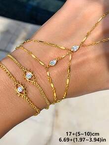 1pc Women's Finger Bracelet, Gold-Tone Copper Inlaid With Water Drop CZ Evil Eye Design, Luxury Style, Suitable For Daily Wear, Gatherings And Parties - Multicolor - View 2