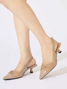 Women's Knot Decor Adjustable Buckle Back Strap Pointed Toe Kitten Heel Low Heel Elegant Nude Beige Mirror Velvet High Heel Pumps For Office Daily Date Spring Summer Autumn Winter - Apricot - View 2