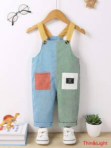 1pc Toddler Boys' Patchwork Color Block Soft Corduroy Bib Pants, Casual All-Match Comfortable Outfit, Suitable For Spring/Summer Wear Or Layering - Multicolor - View 1