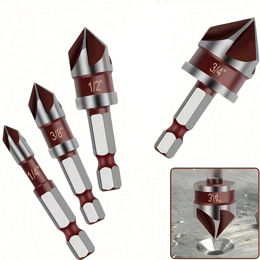 4pcs 82° 5-Flute Countersink Drill Bit Set, Quick-Change Hex Shank 1/4 3/8 1/2 3/4 Inch, For Metal Wood Plastic PVC Concrete Chamfering Deburring, Garage Workshop DIY Hardware Tool - Multi-color - View 1