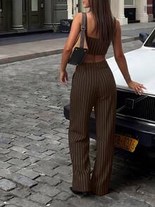 Women's Autumn Vacation Vintage Striped Set, Square Neck Cami Crop Top + Pleated Wide Leg Pants, Suitable For Daily Outings, Halloween And Other Holiday Outfits - Brown - View 2