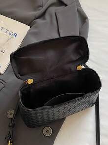 Woven Texture Decor Large Capacity Portable Dual Zipper Closure Vintage Luxury Style Handheld Box Bag, Suitable For Daily Commute, Dating, Girls Crossbody Small Bag, Versatile Personalized High-End Feel Makeup Pouch Fashion Item - Black - View 12
