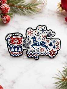 Christmas Reindeer Mug Shaped Brooch With Snowflake And Pine Tree Pattern, Clothing And Bag Decorative Accessory, Holiday Atmosphere Outfit Accessory - A - View 5