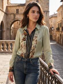 Women's Autumn Striped Print Long Sleeve Lapel Elegant Casual Daily Office Commute Autumn/Winter Blouse Top - Sage Green - View 2