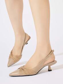Women's Knot Decor Adjustable Buckle Back Strap Pointed Toe Kitten Heel Low Heel Elegant Nude Beige Mirror Velvet High Heel Pumps For Office Daily Date Spring Summer Autumn Winter - Apricot - View 3