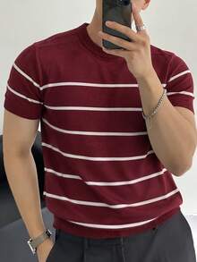 Men's Burgundy Horizontal Striped Crew Neck Knit Short Sleeve T-Shirt, Old Money Style, Slim Fit, Light Business Casual, Layering Top, Contrast Color - Burgundy - View 5
