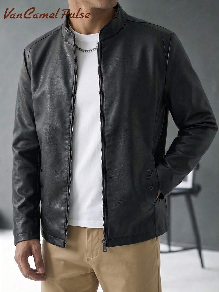 Vancamel Pulse Men's Solid Color Baseball Collar Minimalist Versatile Aviator Jacket Outdoor Casual PU Jacket - Black - View 1