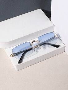 1 PC Men's Retro Rimless Rectangle Fashion Glasses Lightweight Metal Material Soft Tinted Lens For Beach Vacation Outing With Glasses Box - Multicolor - View 6