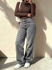 Women's Mid-Waist Grey Washed Wide Leg Jeans, Loose Straight Leg Denim Pants, Vintage Drape Floor-Length Trousers - Grey - View 1