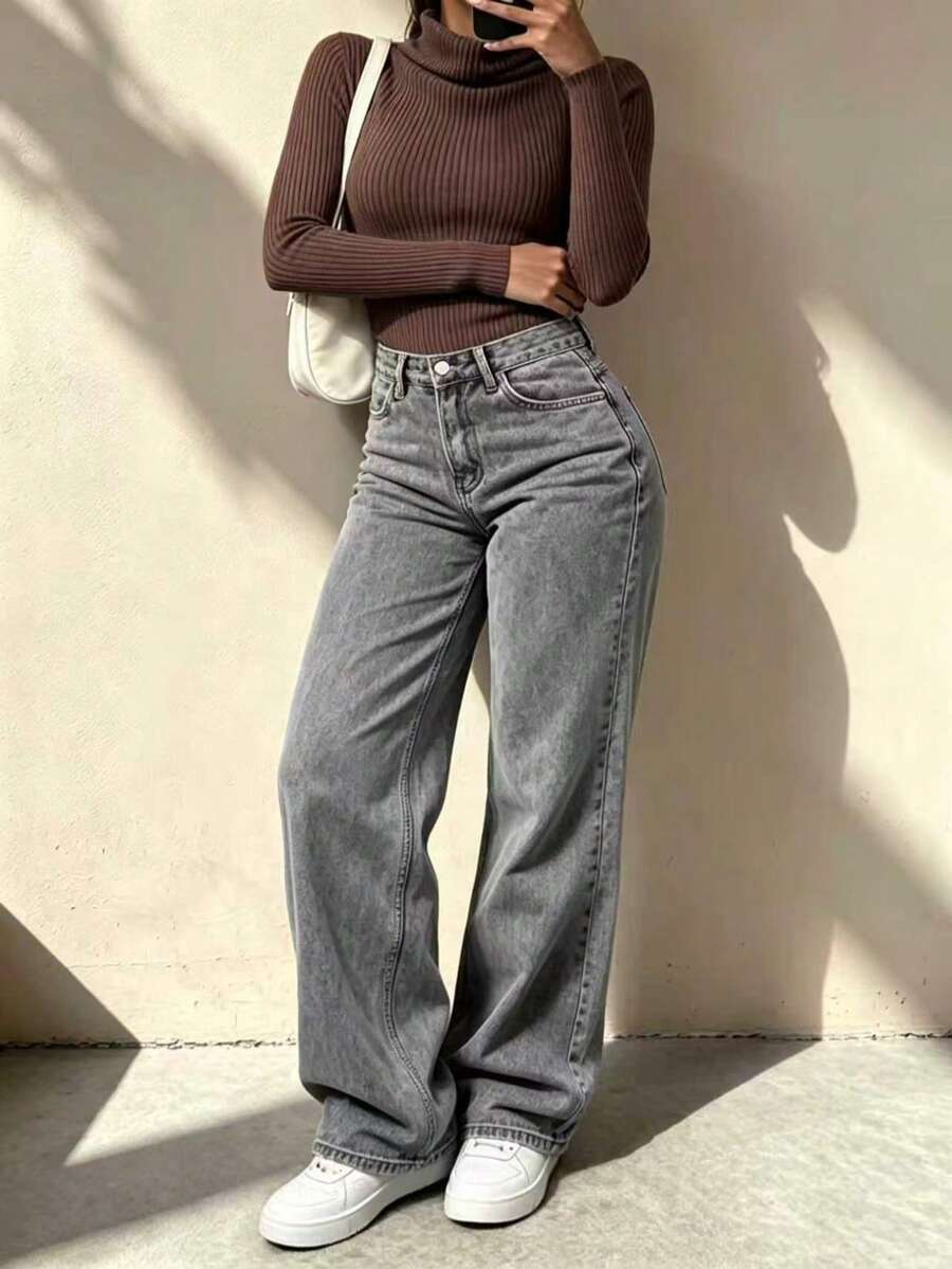 Women's Mid-Waist Grey Washed Wide Leg Jeans, Loose Straight Leg Denim Pants, Vintage Drape Floor-Length Trousers - Grey - View 1