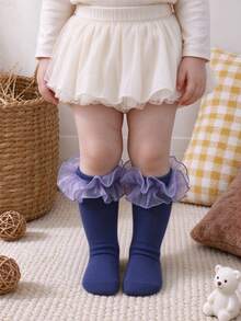 1 Pair Baby Girl Mesh Ruffle Mid-Calf Socks, Navy Blue Princess Lace Slouch Socks, Versatile Infant Toddler First Birthday Outfit Long Socks - Navy Blue - View 5