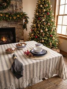 1pc Grey And White Classic Fine Striped Tablecloth, Traditional Country Style Rectangular With Scalloped Edge And Pleated Details, Stain-Resistant Protective Table Cover, Functional Home Long Tablecloth Suitable For Christmas Family Gatherings And Winter Holiday Dining Room Decor - Grey - View 9