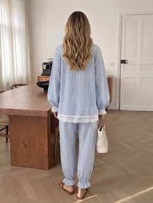 Bump Style Maternity 2 Pieces Blue Striped Pajama Set: Lace Trim Elastic Belly Area Long Sleeve, Suitable For Sleep And Home Leisure - Blue - View 2